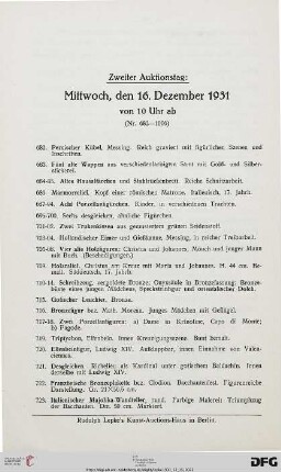 Zweiter Auktionstag: Mittwoch, den 16. Dezember 1931 von 10 Uhr ab (Nr. 682-1006)