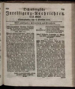 XLII. Stück. Sonnabends: den 18. October 1777.