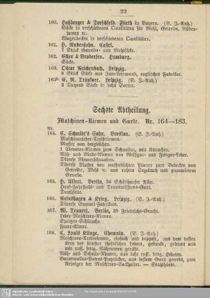 Sechste Abtheilung. Maschinen-Riemen und Gurte. Nr. 164-183