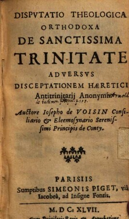 Disputatio theologica orthodoxa de Sanctissima Trinitate