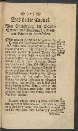 Das dritte Capitel. Von Anrichtung der Baum-Schulen und Wartung der Maulbeer-Bäume in denenselben