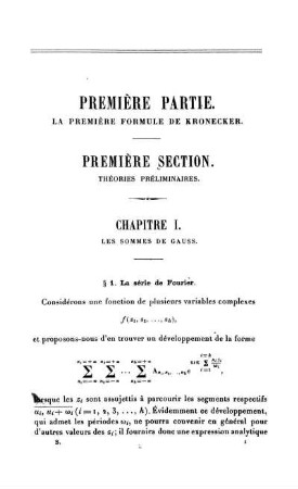 Première Partie. La Première Formule de Kronecker.