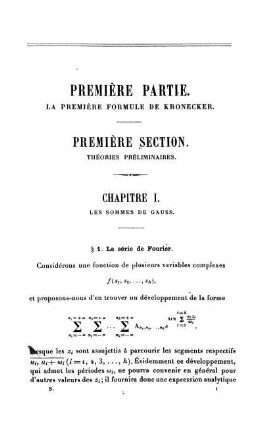 Première Partie. La Première Formule de Kronecker.