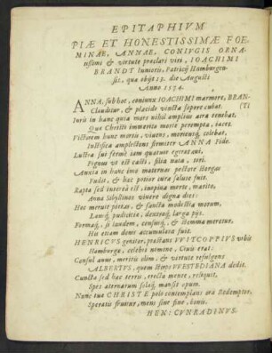 Epitaphium Piae Et Honestissimae Foeminae, Annae, Coniugis Ornatißimi et virtute praeclari viri, Ioachimi Brandt Iunioris ...