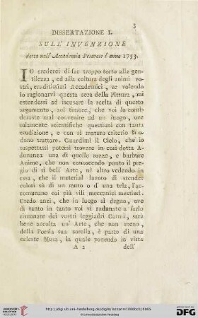 Dissertazione I. sull'Invenzione detta nell'Accademia Pesarese l'anno 1753.