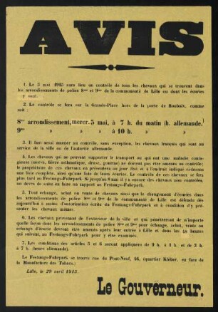 Avis. Le Gouverneur. Lille, 29. avril 1915.