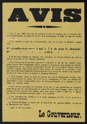 Avis. Le Gouverneur. Lille, 29. avril 1915.