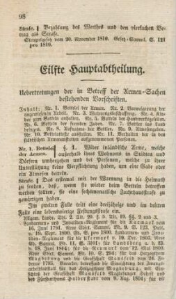 Eilfte Hauptabtheilung. Uebertretungen der in Betreff der Armen-Sachen bestehenden Vorschriften