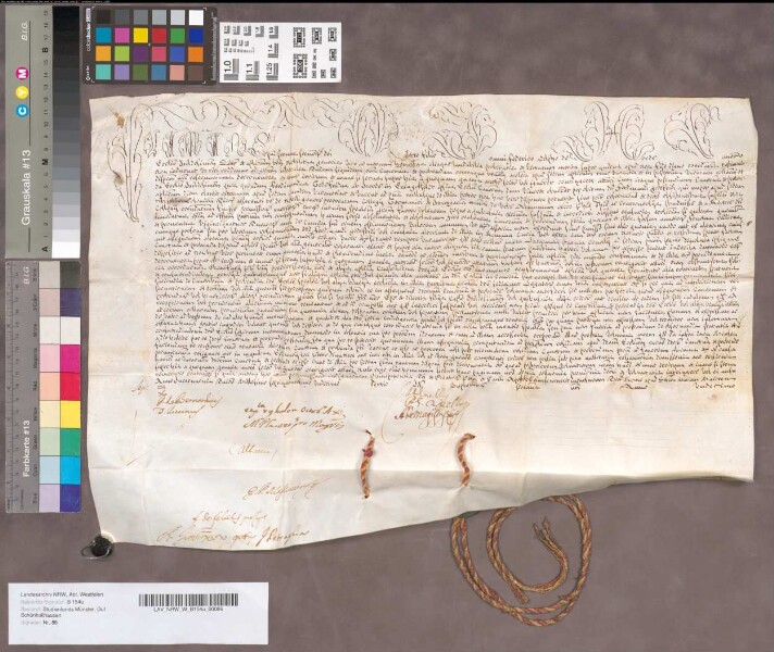 Papst Clemens (Clemens XI. Papst (1700-1721)) übermittelt dem Domkapitel in Hildesheim durch Magister Franziskus Columninus seinen Gruß und verleiht aufgrund des ihm im päpstlichen Monat zustehenden Besetzungsrechts Johann Friedrich Adolf von Hörde (Johann Friedrich Adolf von Hörde(+ 1761), Weihbischof von Osnabrück (1719-1761)(Schönholthausen. Ein altes Pfarrdorf ..., S. 480-482)) ein Kanonikat im Domkapitel. Unterschriften: B. de Bernardinis, I. Piccionus, Ph. Capellus. (tertio calendas Septembris).