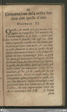 Comparazione della nostra fortuna con quella d´altri. Discorso XI.