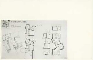 Wohnquartier Alt-Lietzow, Berlin-Charlottenburg (Diplomarbeit bei Willy Kreuer): Reihenhäuser, Grundrisse 1:50 und Perspektivische Ansicht (Vogelschau)