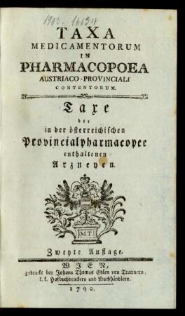 Taxa Medicamentorum In Pharmacopoea Austriaco-Provinciali Contentorum