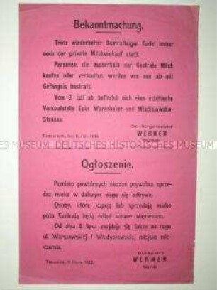 Maueranschlag mit einer Bekanntmachung über die Bestrafung privaten Milchverkaufs (zweisprachig)