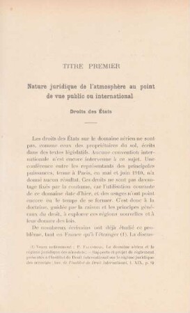 Titre premier. Nature juridique de l'atmosphère au point de vue public ou international