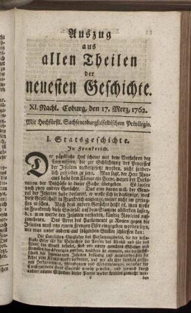 XI. Nachl. Coburg, den 17. Merz, 1762.
