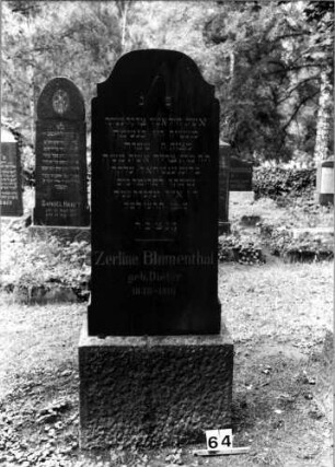 Grabstein 64 (Index: 100106130) Material: Granit Zustand: gut Maße HxBxT: 166x55x17 cm Beschreibung: Stele, Sockel, geschwungener Rundbogenabschluß: Grabstein 64
