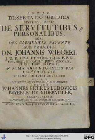 Dissertatio Juridica Sistens Theses De Servitutibus Personalibus