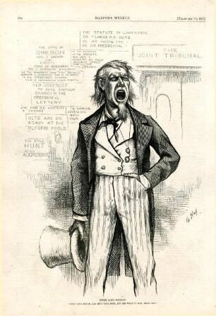 Uncle Sam's position. "Open your mouth and shut your eyes, and see what it will bring you." : Uncle Sam steht mit geschlossenen Augen und offenem Mund vor dem Saal, in dem die Wahlkommission tagt und erwartet die Entscheidung