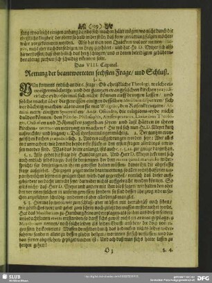 Das VIII. Capitel. Rettung der beantworteten sechsten Frage, und Schluß