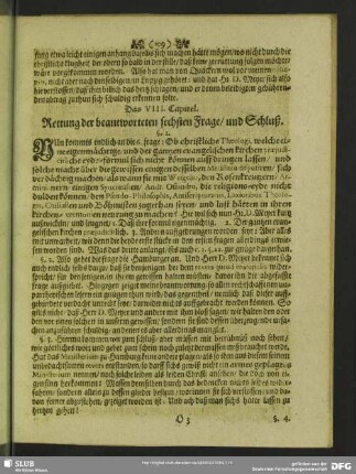 Das VIII. Capitel. Rettung der beantworteten sechsten Frage, und Schluß