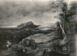 Uden, Lucas van. Landschaft mit dem Regenbogen. Eichenholz; 42 x 63,5 cm, bezeichnet. Gesamtaufnahme für Restaurierungszwecke. Dresden: Staatliche Kunstsammlungen, Gemäldegalerie Alte Meister Kat. 1930 Nr. 1137