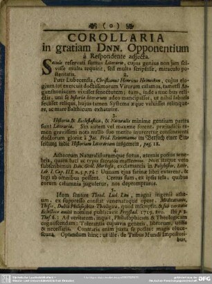 Corollaria in gratiam Dnn. Opponentium a Respondente adiecta