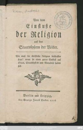 Von dem Einfluße der Religion auf das Staatssystem der Völker