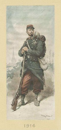 Französischer Infanterist 1914 in Winter- und Feldausrüstung, Mütze und Gewehr, stehend, in Halbprofil