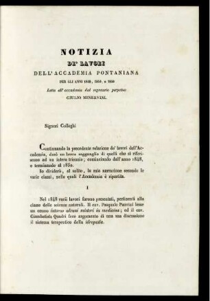 Notizia De' Lavori Dell' Accademia Pontaniana Per Gli Anni 1848, 1849, E 1850