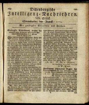 XIX. Stück. Sonnabends: den 7. August / 1773.