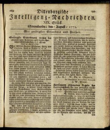 XIX. Stück. Sonnabends: den 7. August / 1773.