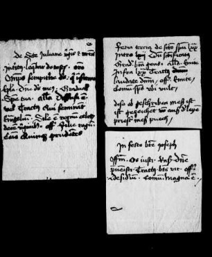 3 ehemals lose eingelegte Papierzettel (Messtexte, lat., 16. Jh.), jetzt am Spiegel befestigt.