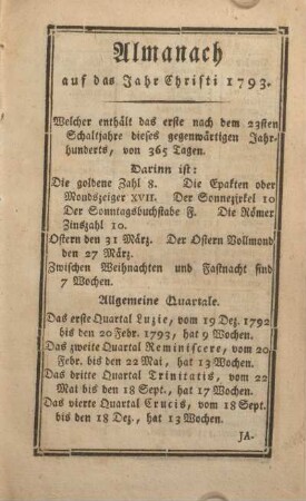 Almanach auf das Jahr Christi 1793.