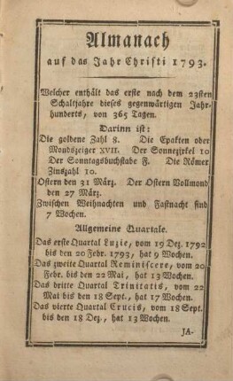 Almanach auf das Jahr Christi 1793.
