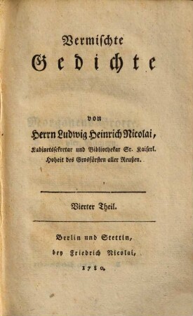 Vermischte Gedichte, 4. (1780). - [2] Bl., 300 S. : Ill.