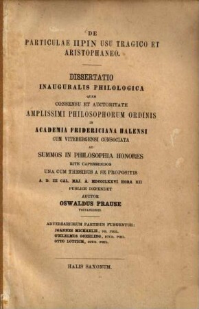 De particulae prin usu tragico et Aristophaneo
