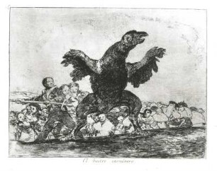 El buitre carnivoro - Das Volk treibt den reaktionären Klerus davon : Goya y Lucientes, Francisco José de: El buitre carnivoro - Das Volk treibt den reaktionären Klerus davon. Folge "Desastres de la Guerra". Blatt 76. Radierung; 15,3 x 19,75 cm. um 1814/1815. Dresden: Kupferstich-Kabinett