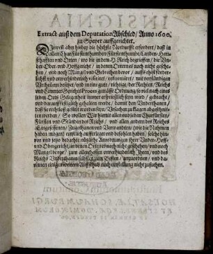 Extract ausz dem Deputation Abschied/ Anno 1600. zu Speyer auffgerichtet.