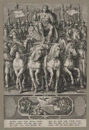 Bildnis eines römischen Kaisers (Julius Caesar?) im Triumphwagen