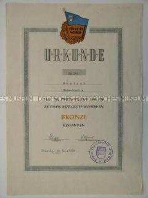 FDJ-Urkunde zum Abzeichen "Für Gutes Wissen" in Bronze