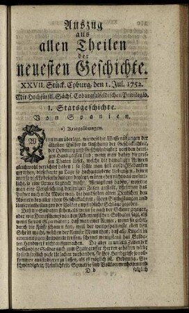 XXVII. Stück. Coburg, den 1. Jul. 1752.
