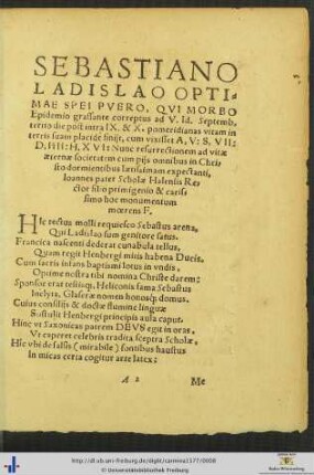 Sebastiano Ladislao Ioannes pater hoc monumentum mœrens Filium