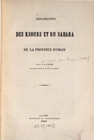 Exploration des Ksours et du Sahara de la province d'Oran