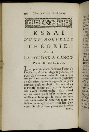 Essai d´une nouvelle Théorie, sur la Poudre a Canon. Par M. Belidor.