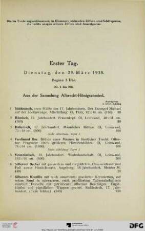 Erster Tag: Dienstag, den 29. März 1938, Beginn 3 Uhr (Nr. 1-230)