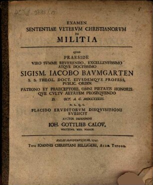 Examen Sententiae Vetervm Christianorvm De Militia