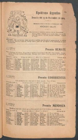Hipódromo Argentino - Reunión del 13 de Noviembre de 1904