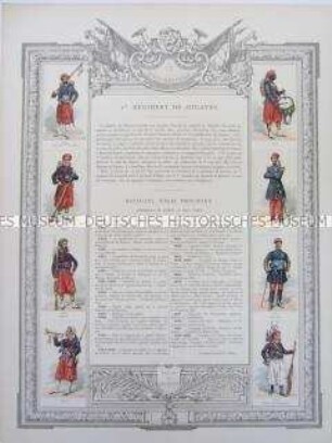 Uniformdarstellung, Uniformen von Soldaten des 1. Zuaven-Regiments und Zeittafel von Schlachten und Belagerungen mit Beteiligung dieses Regiments bzw. seiner Vorläufer, Frankreich, 1830-1888.