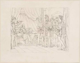 Zu Shakespeares "König Heinrich IV.", Teil 2, Blatt 11, 4. Akt, 4. Szene: Der König erwacht, Prinz Heinrich mit Krone auf dem Haupt tritt verwundert ein