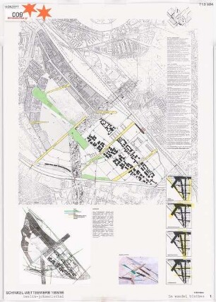 Ein Wohnviertel für die Wissenschaftsstadt, Berlin-Adlershof Schinkelwettbewerb 1996: Gesamtkonzept. Lageplan 1:5000, Modellfoto, Schemata, Text